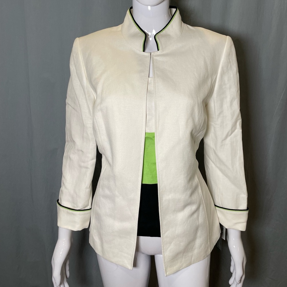 Tahari 3pc Suit White Green Black Tank Top Blazer Dress Pants Lightweight SALE